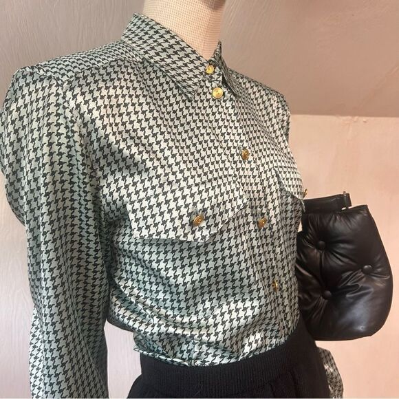 Basler Vintage Light Blue Houndstooth Satin Pajama Style Blouse Button Down Top - Picture 4 of 11